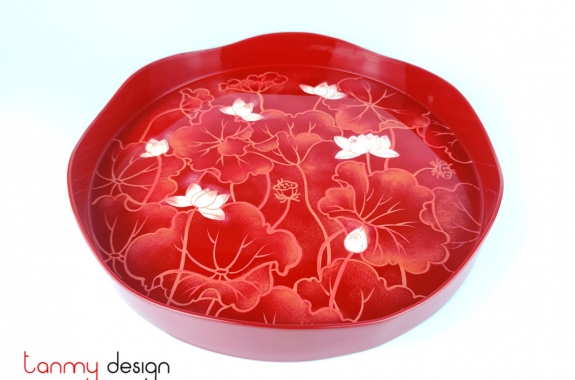 Red round lacquer tray hand-painted with lotus pond 33 cm